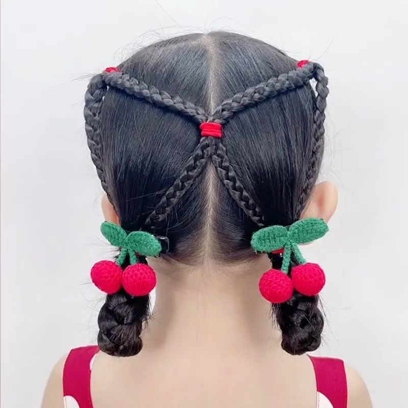 秋冬网红儿童毛线针织樱桃夹绳女童喜气中国红扎头饰樱桃夹一对
