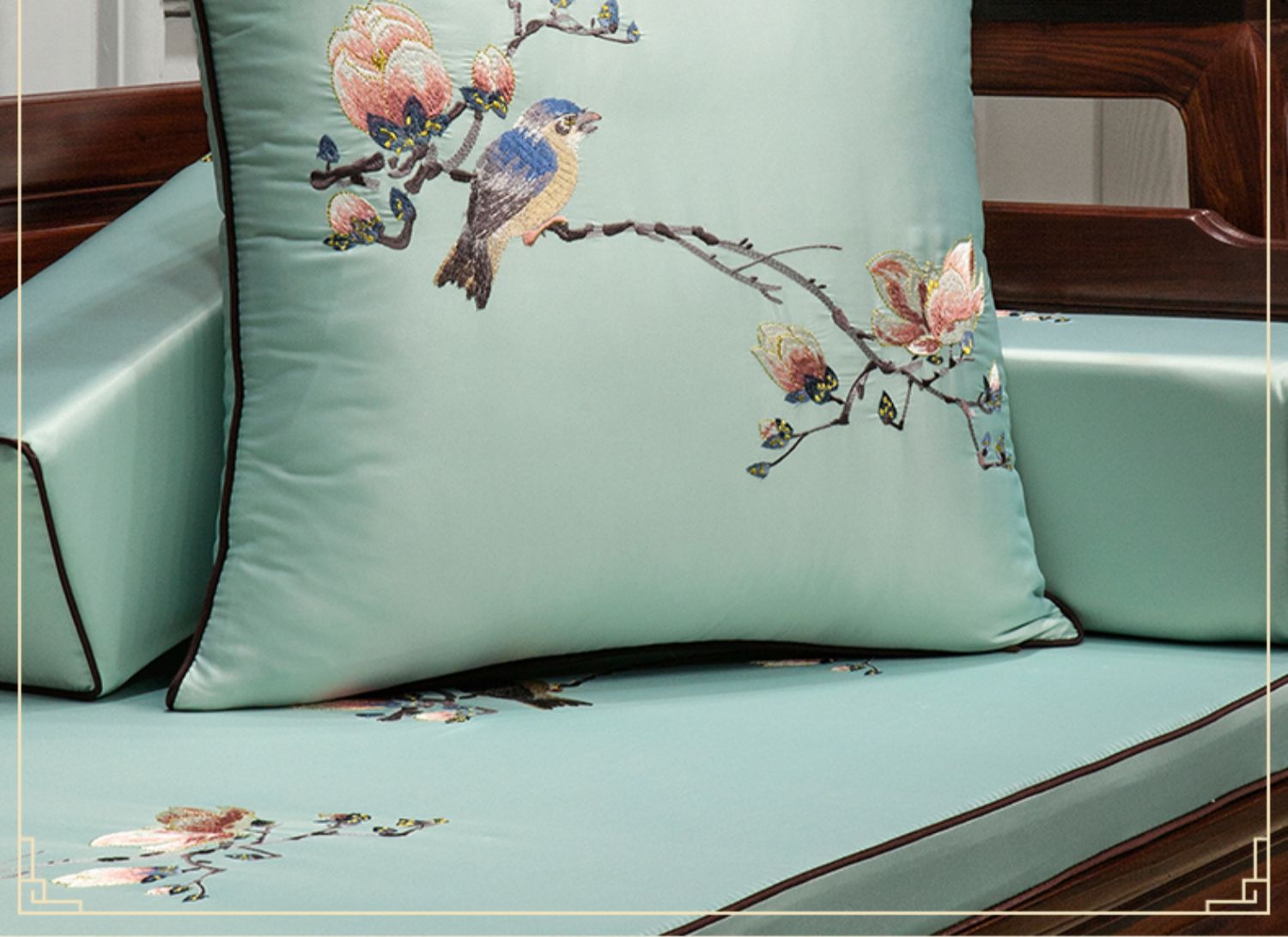 中式沙发抱枕靠垫床头刺绣枕套1035新中式中国风绣花靠背客厅靠枕米色