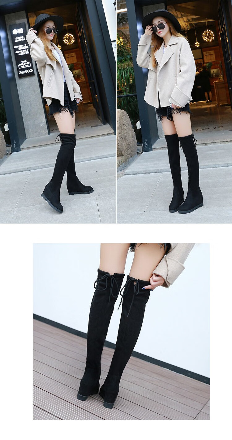 cxwz大东长靴女过膝厚底内增高坡跟绒面后系带弹力靴2022网红时尚棉靴