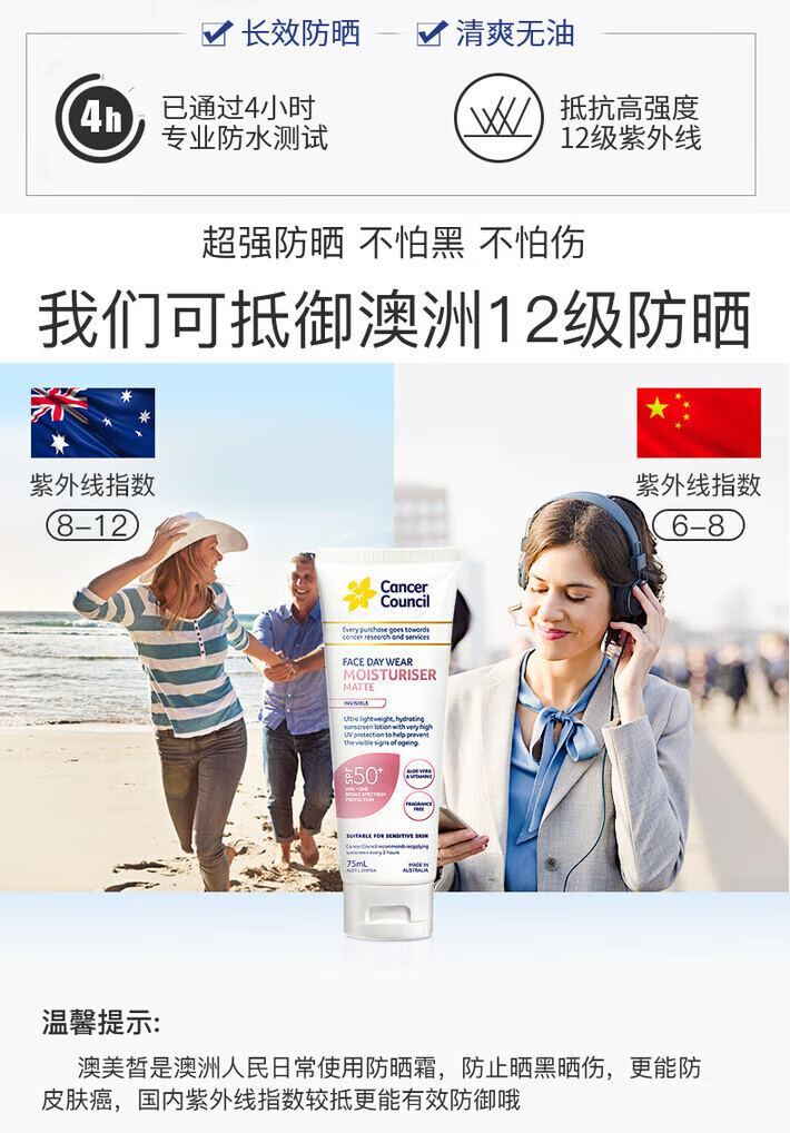 Cancer Council茜茜尔户外防晒霜清爽透亮不油腻不假白户外学生 防水蓝色75ml*适合游泳出汗时使