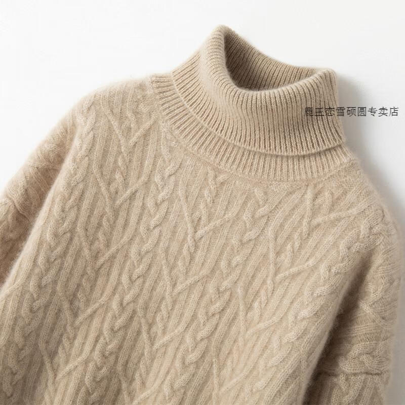 鹿王重磅四股加厚山羊绒衫女高翻领加厚短款绞花宽松针织毛衣冬黑色s