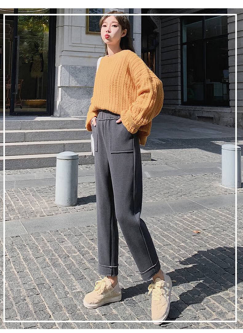 浪莎网红奶奶裤女季毛呢裤高腰直筒宽松年新款加绒暖暖樱花裤女式女士