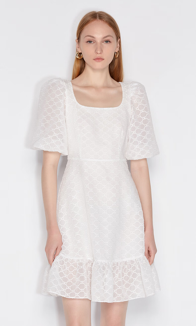 ochirly欧时力刺绣花边灯笼袖a字连衣裙 玫红130 xs【图片 价格 品牌