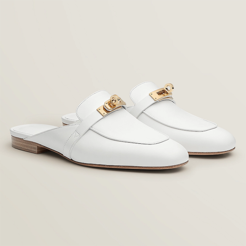 hermes爱马仕穆勒鞋 半拖鞋一脚蹬 女鞋 平底跟 浅金色kelly扣女士