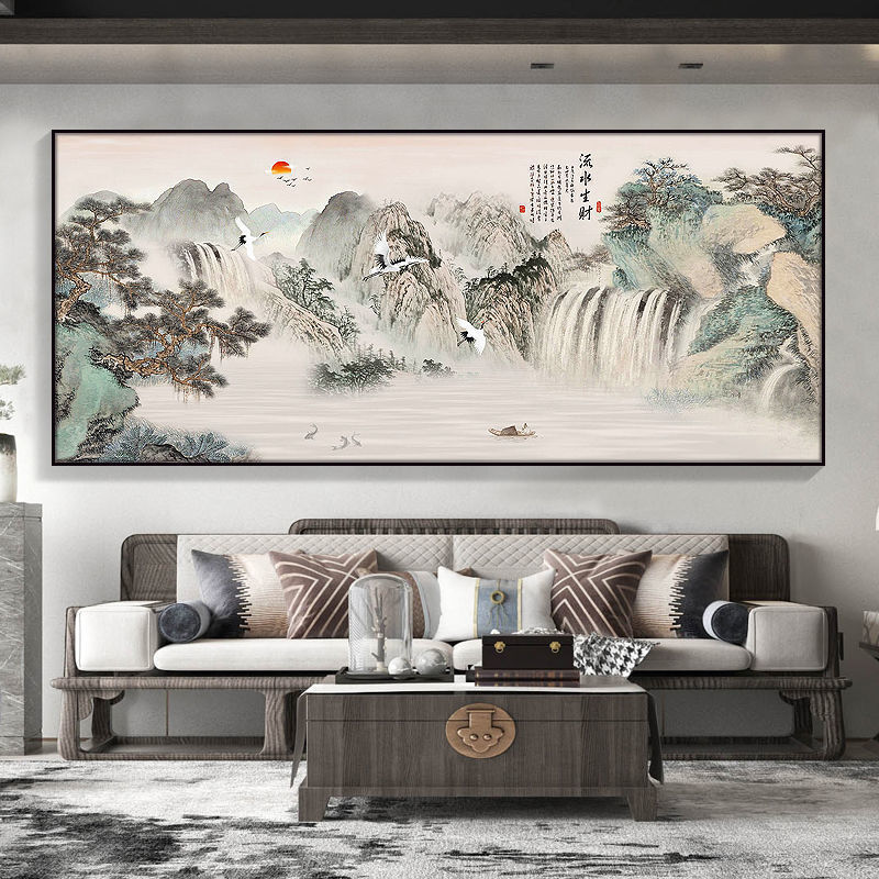 版水墨山水挂画酒店办公室现代壁画12款流水生财1米240黑色ps框油画布