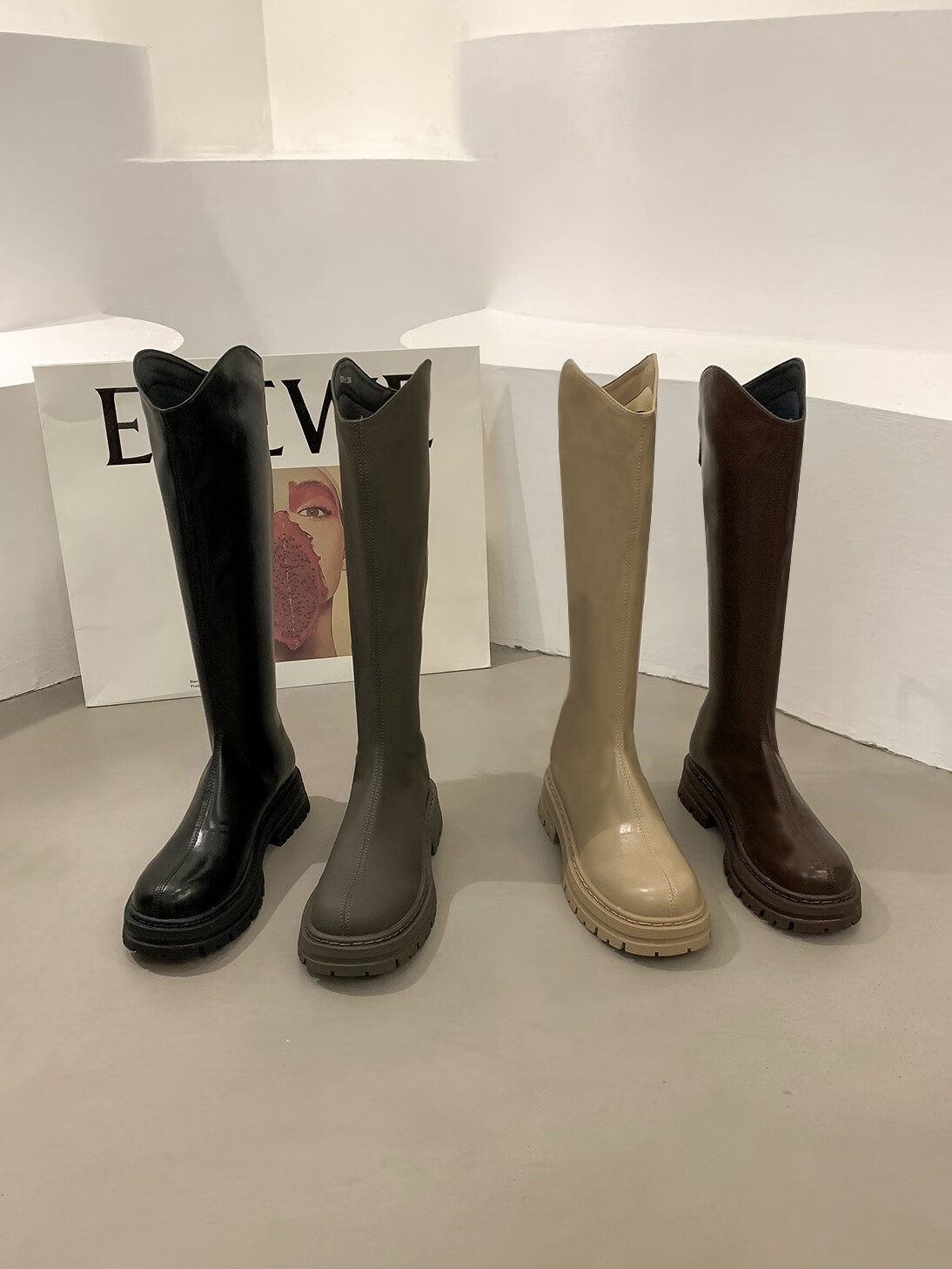 白色切尔西靴长筒骑士靴2022新款靴秋冬季女鞋中筒高筒长靴 米白色单