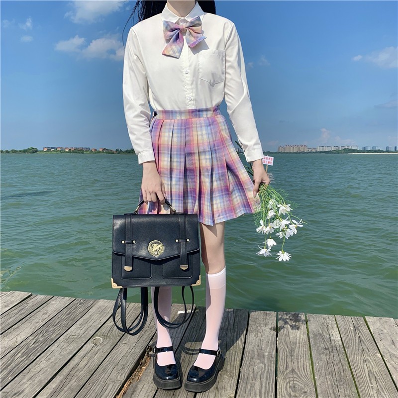 jk制服裙夏女格裙百褶裙半身裙制服表演服 荷叶粉(裙子 衬衫 领结) xs