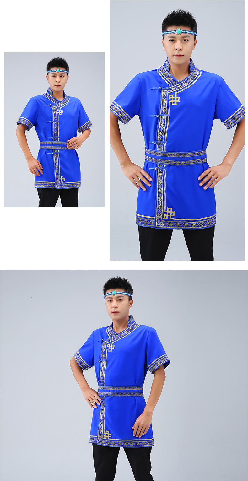 蒙古族服装男夏装短款男士短袖上衣夏季蒙族日常成人男装服务员工作