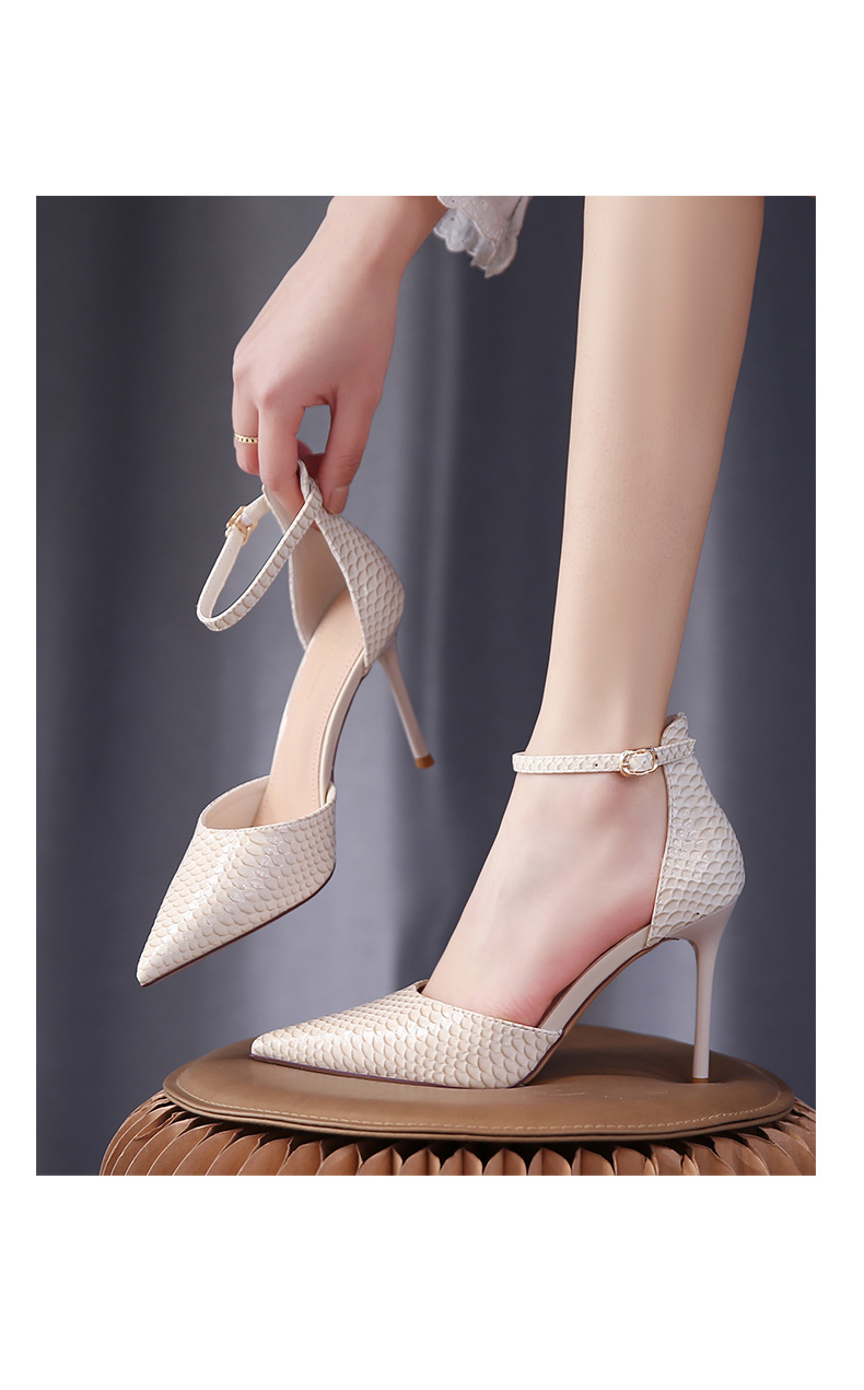 百草布细跟高跟鞋尖头2022春夏新款小清新百搭蛇纹一字带单鞋中空女