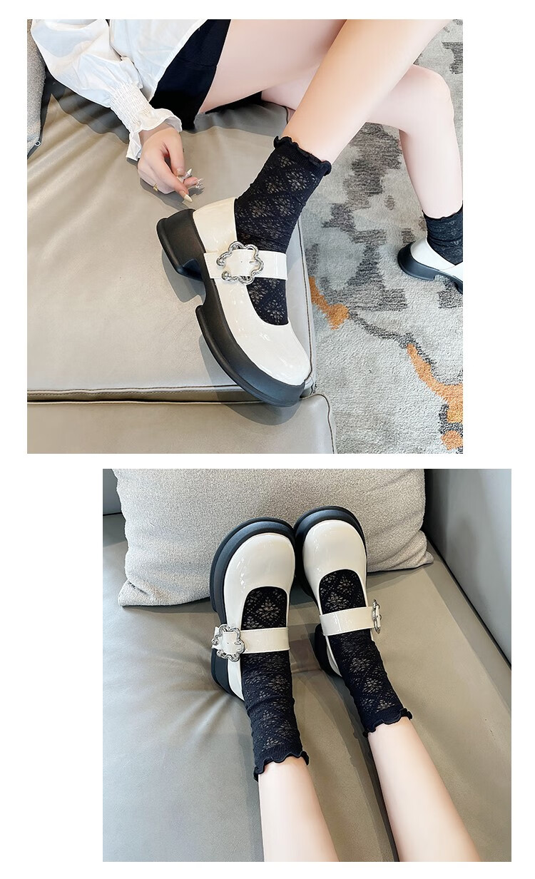 小皮鞋袜子搭配女夏英伦风2022新款漆皮厚底配裙子法式晚风单鞋 米色