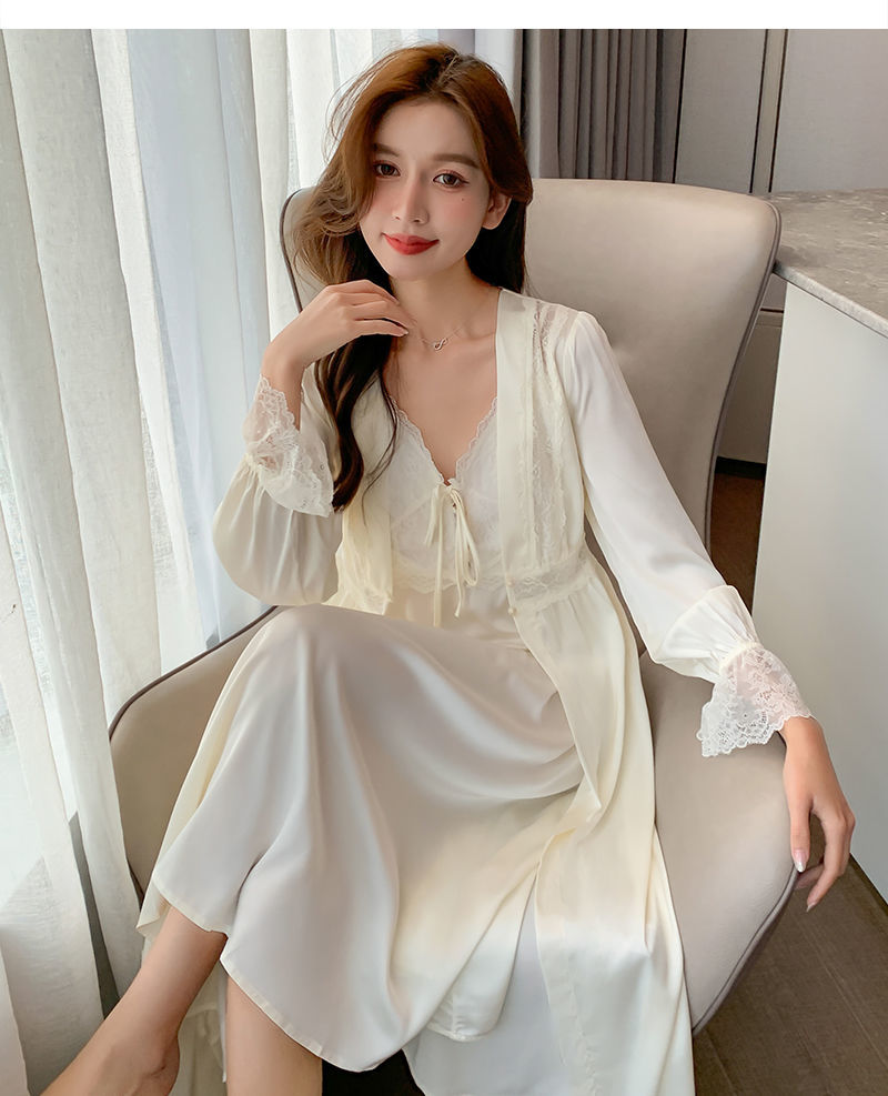 hkxn性感睡裙女吊带胸垫睡衣裙新婚大红色冰丝绸睡袍女两件套装家居服