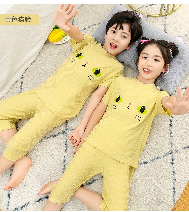 塔罗熊男女童睡衣睡裤夏季套装短袖七分裤中儿童大薄款空调服家居服