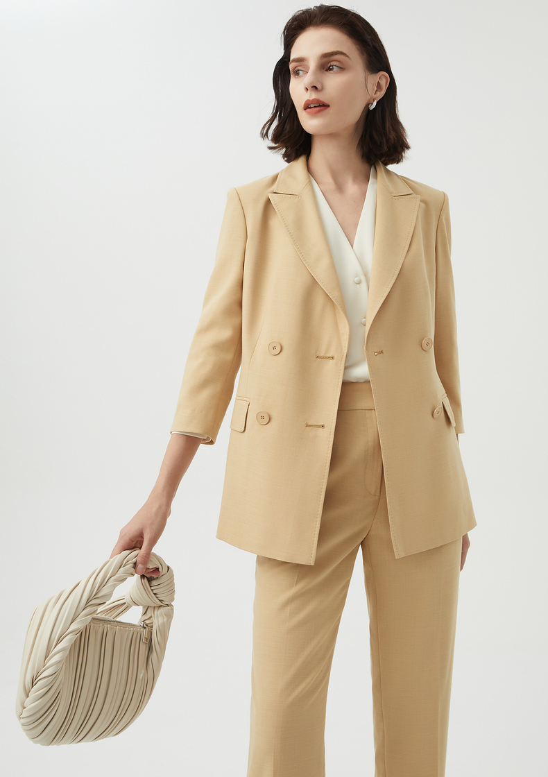 朗姿法式轻商务气质职业西装正装女2022年春季新款西服外套米黄色