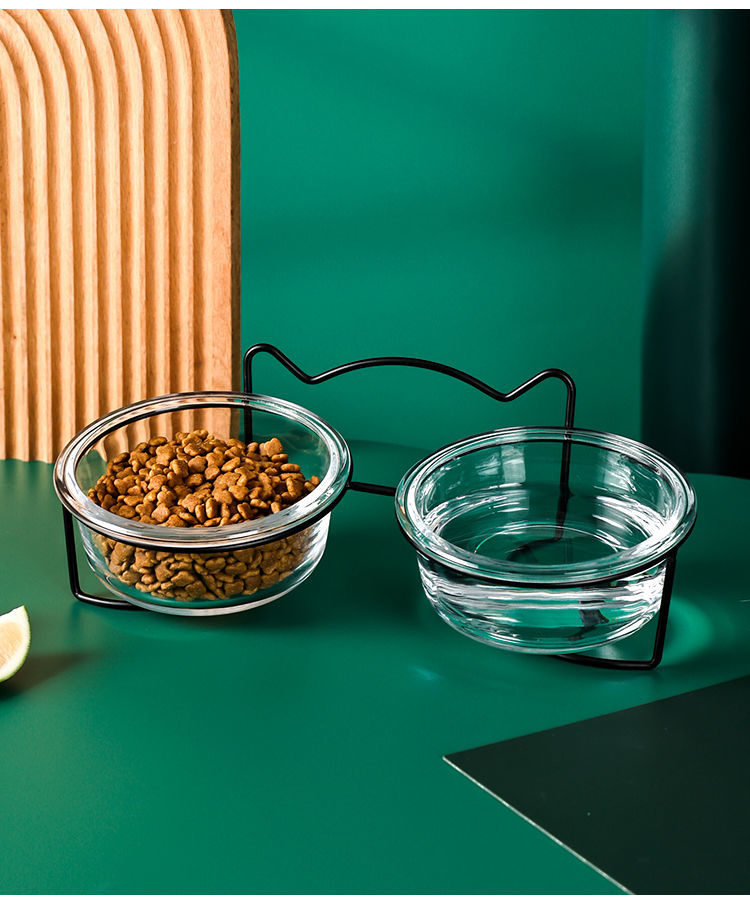 猫碗双碗斜口可爱玻璃猫食盆猫咪碗猫粮碗猫咪用品玻璃双碗雅金支架