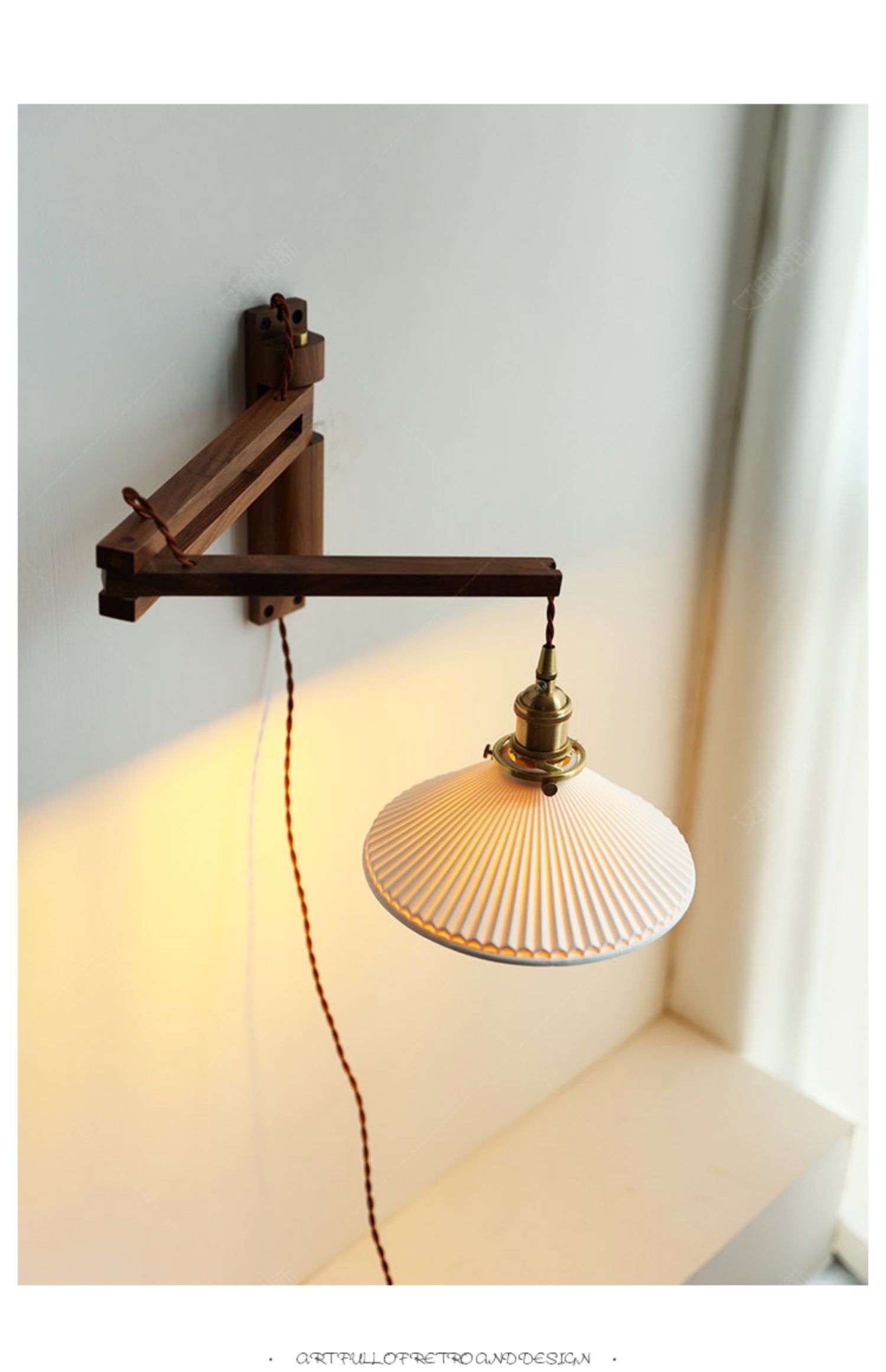 尔真日式复古折叠壁灯侘寂风设计感黑胡桃木伸缩旋转网红卧室床头墙灯