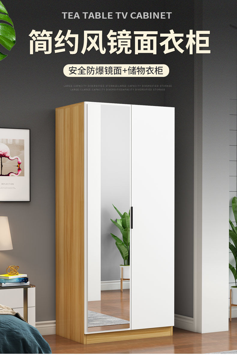 衣柜带镜子简约经济型家用出租房卧室穿衣镜客厅成人小户型大衣橱双门