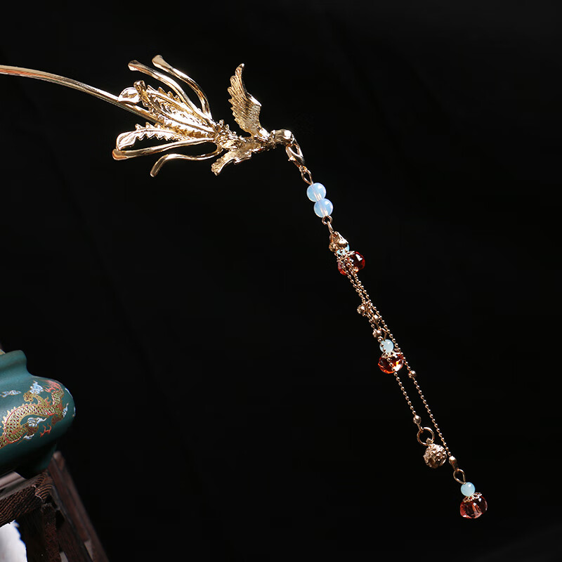 弧形偏凤钗镀金红凰发簪女古法鎏金汉服头饰复古婚嫁礼凤簪 偏凤发簪