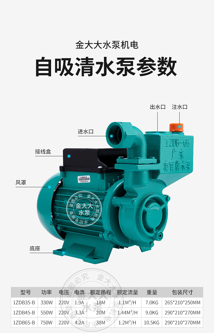 广东凌霄牌水泵1zdb35/45/65型自吸清水泵家用自来水增压泵抽水机
