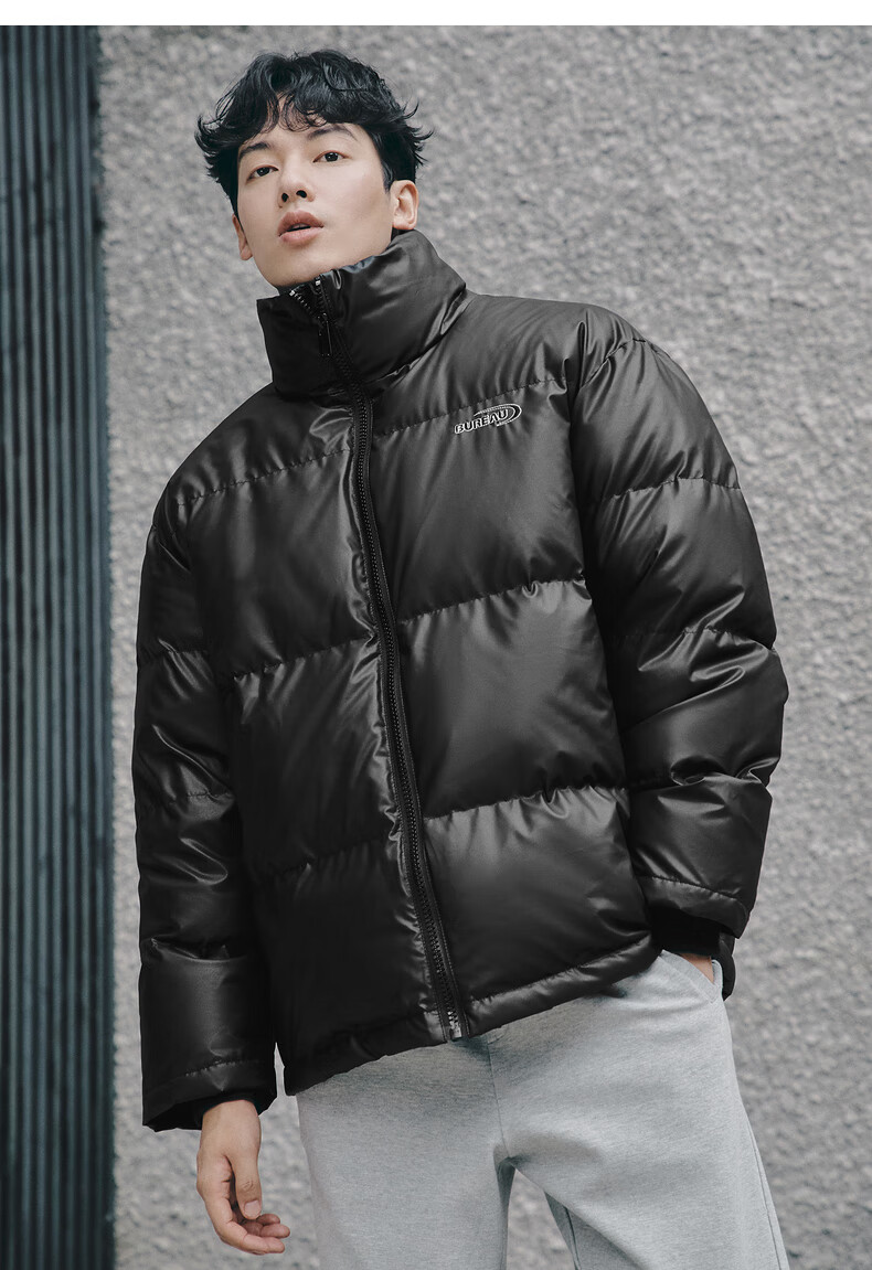 gxg男装生活系列21年冬季新款黑色pu男士大立领短款羽绒服黑色175l