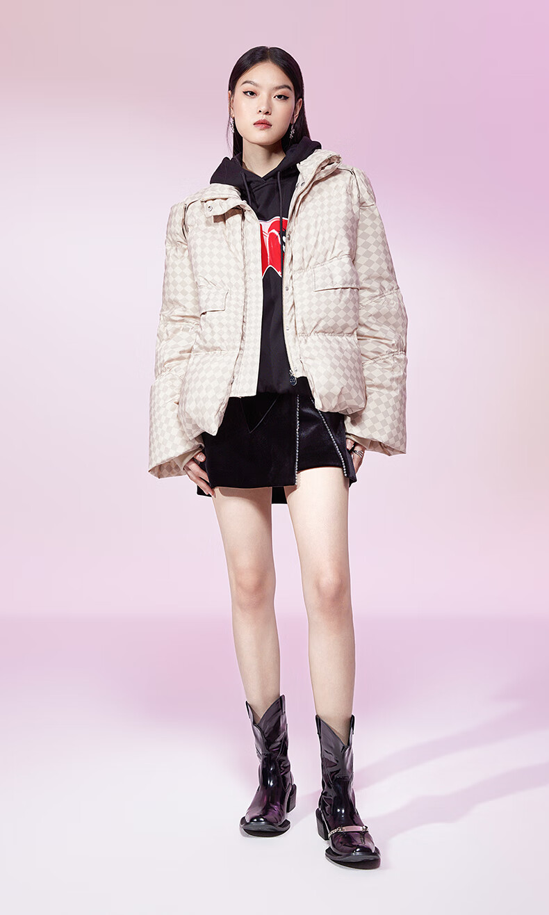 ochirly欧时力羽绒服女2022新款秋冬立领两穿棋盘格时尚保暖外套 绿色