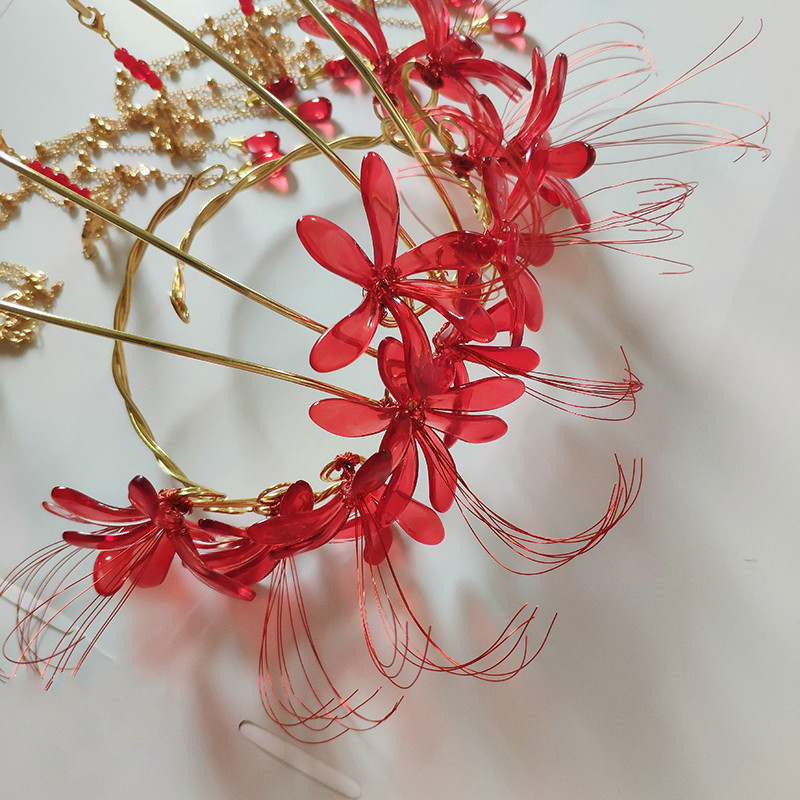 【忘相思】彼岸花发冠发簪汉服配饰红色古风手工发饰 红色【三生】
