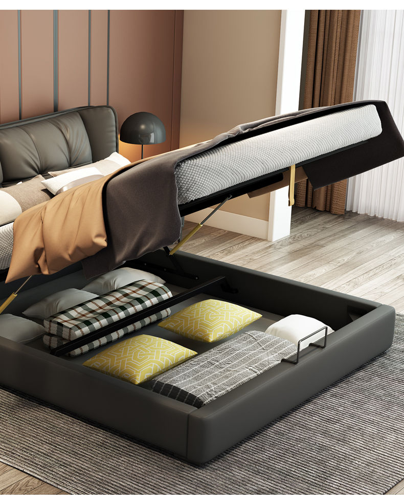 高脚床加高头柜25cm无床头意式床轻奢极简真皮床现代简约小户型高脚方