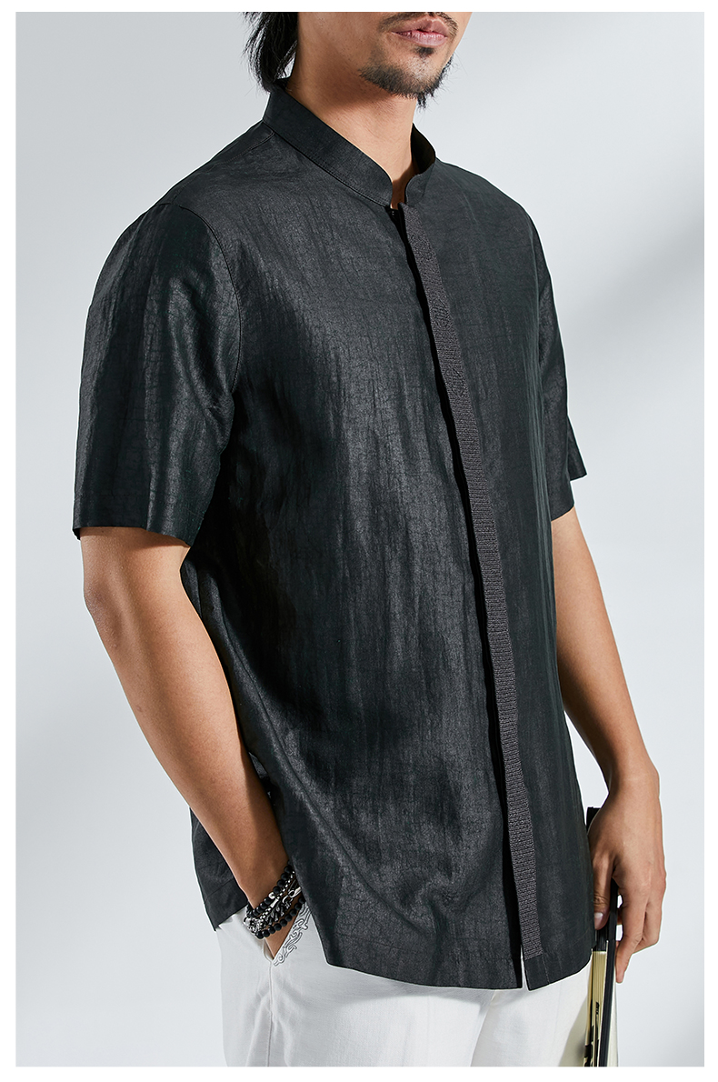 蓝吉奥高端香云纱唐装男夏季短袖立领真丝桑蚕丝绸上衣中式男装中青年