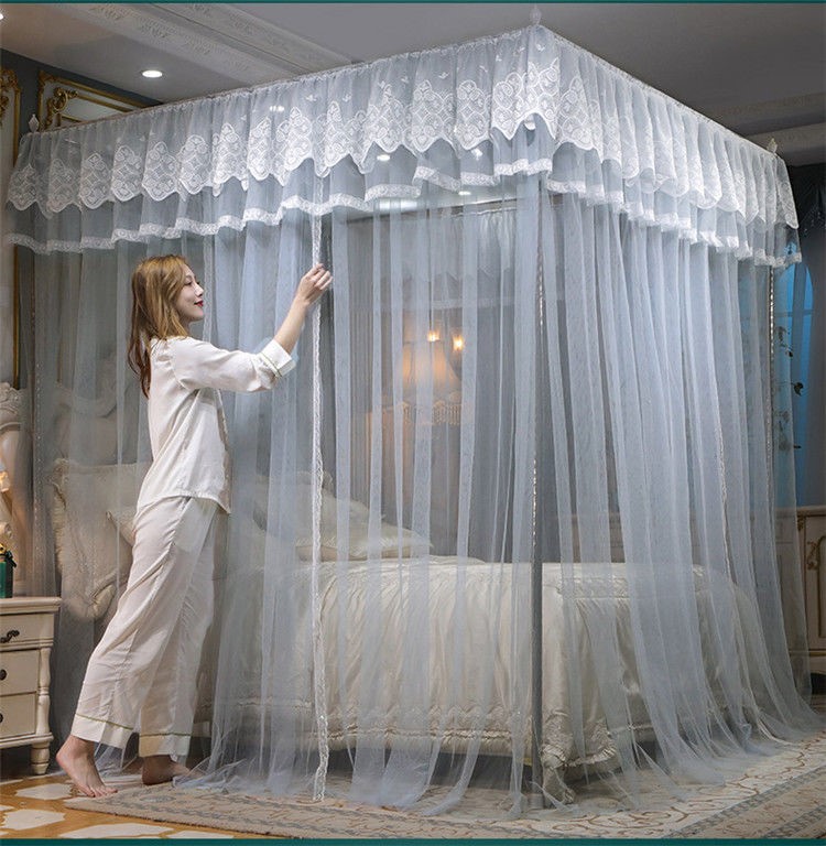 蚊帐家用四脚蚊帐可以挂风扇蚊帐支架杆子套装宫廷纹蚊帐家用加厚加密