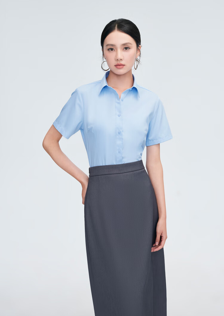 HLA Short-Sleeve Shirt, Summer Business Commute, Solid Color Formal Blouse, Women's Clothing, Bleached, 160/84A (36), Qixi Gift 2
