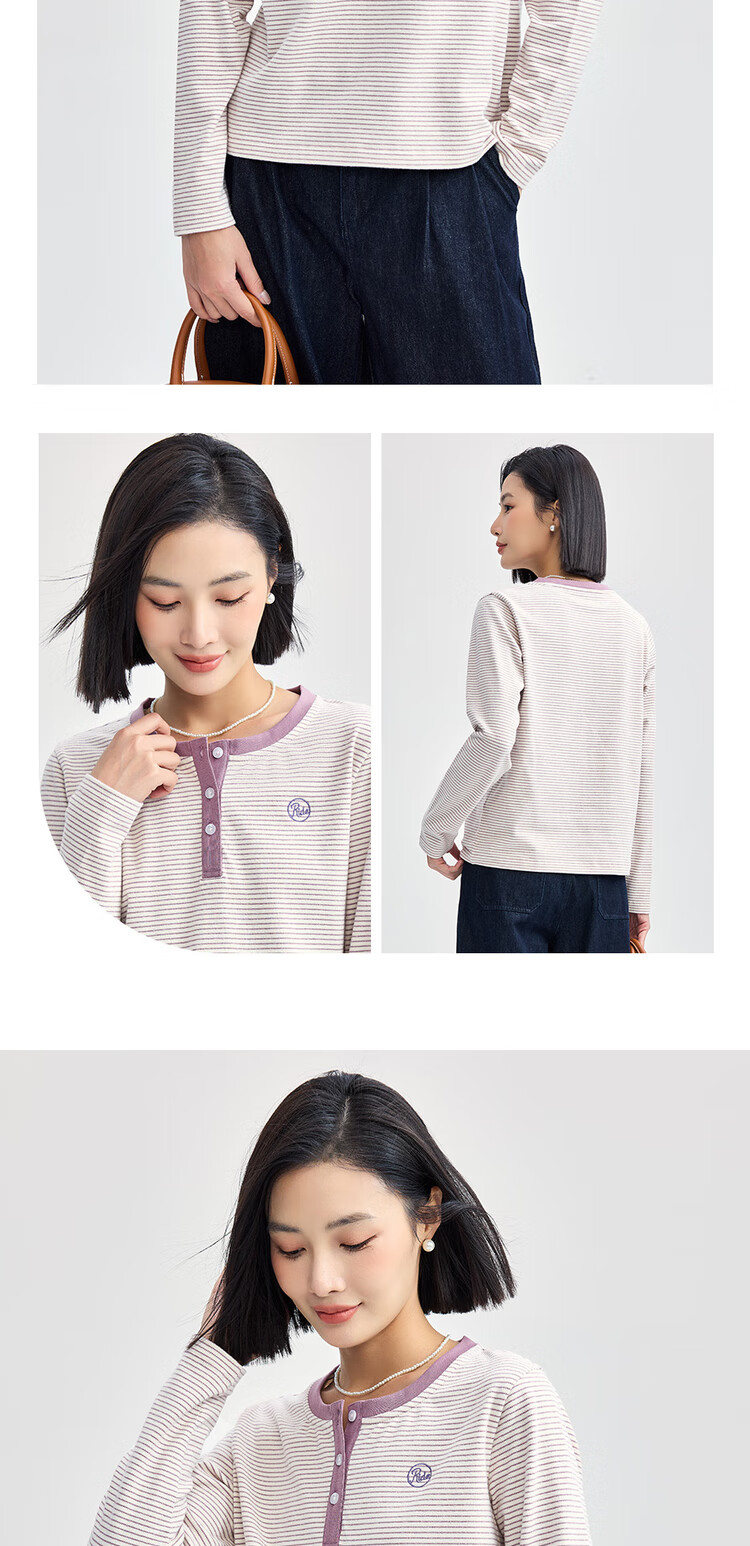 Giordano Women's Striped Embroidered Pullover T-Shirt, Contrasting Color Henley Collar Long Sleeve Tee for Women 13324704 11