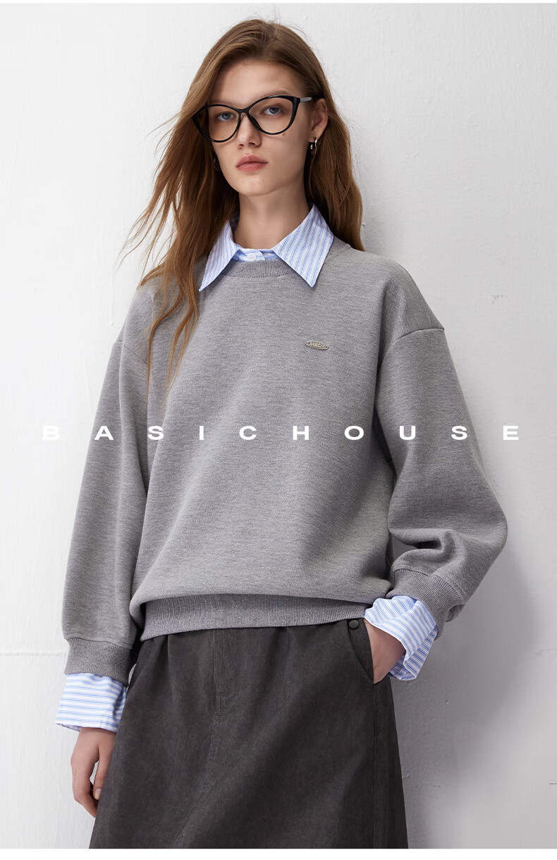 BASIC HOUSE/百家好ath2024卫衣女长袖秋季灰色flow风假两件条纹衬衫长袖卫衣女2024秋季O 灰色 L详情图片23