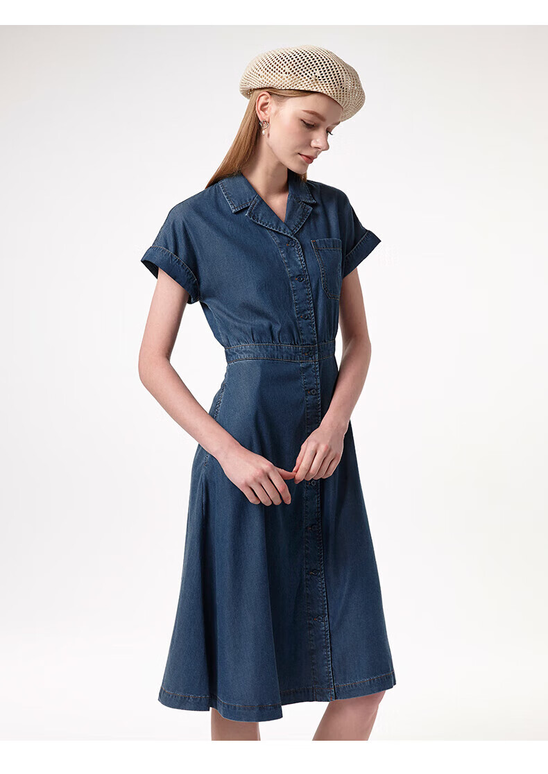 HAZZYS Women's Clothing, Summer Ladies' [PHIZ Series] Drop-Shoulder Waist-Cinching Denim Dress for Wome 9