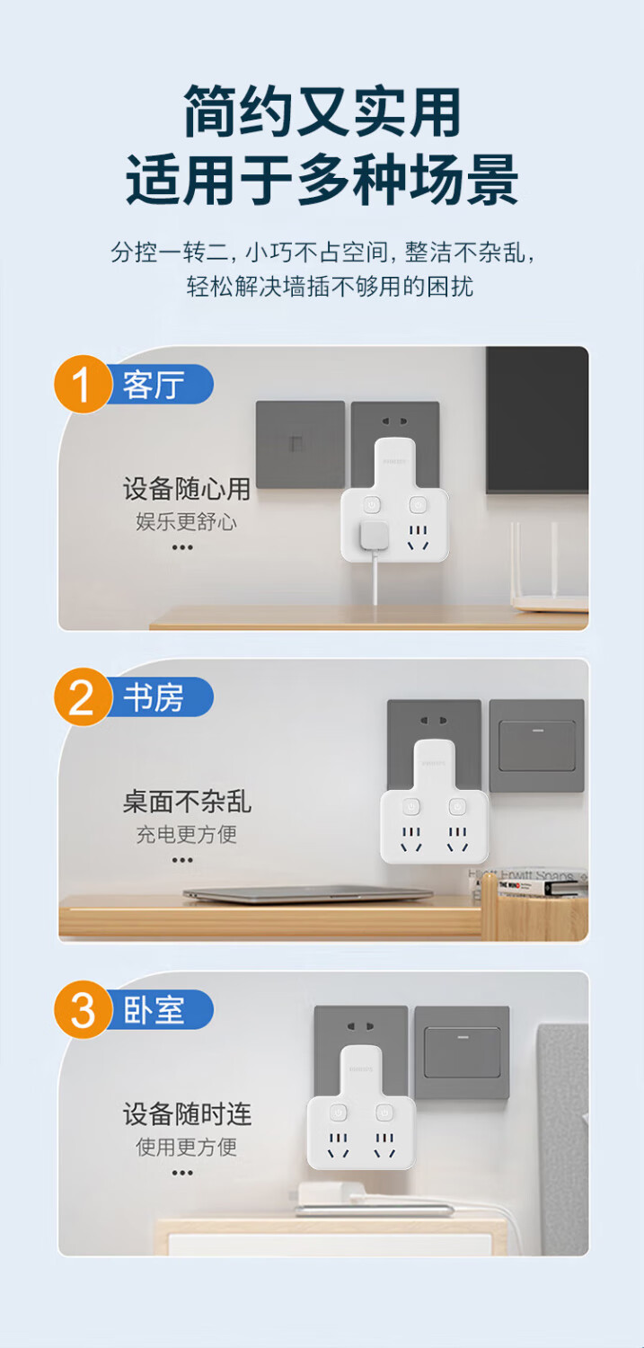 飞利浦PHILIPS转换插头/品字形一转无线插座转换黑色一转三插座/无线转换插座/电源转换器/插排/排插 黑色魔方一转三【无线】详情图片26