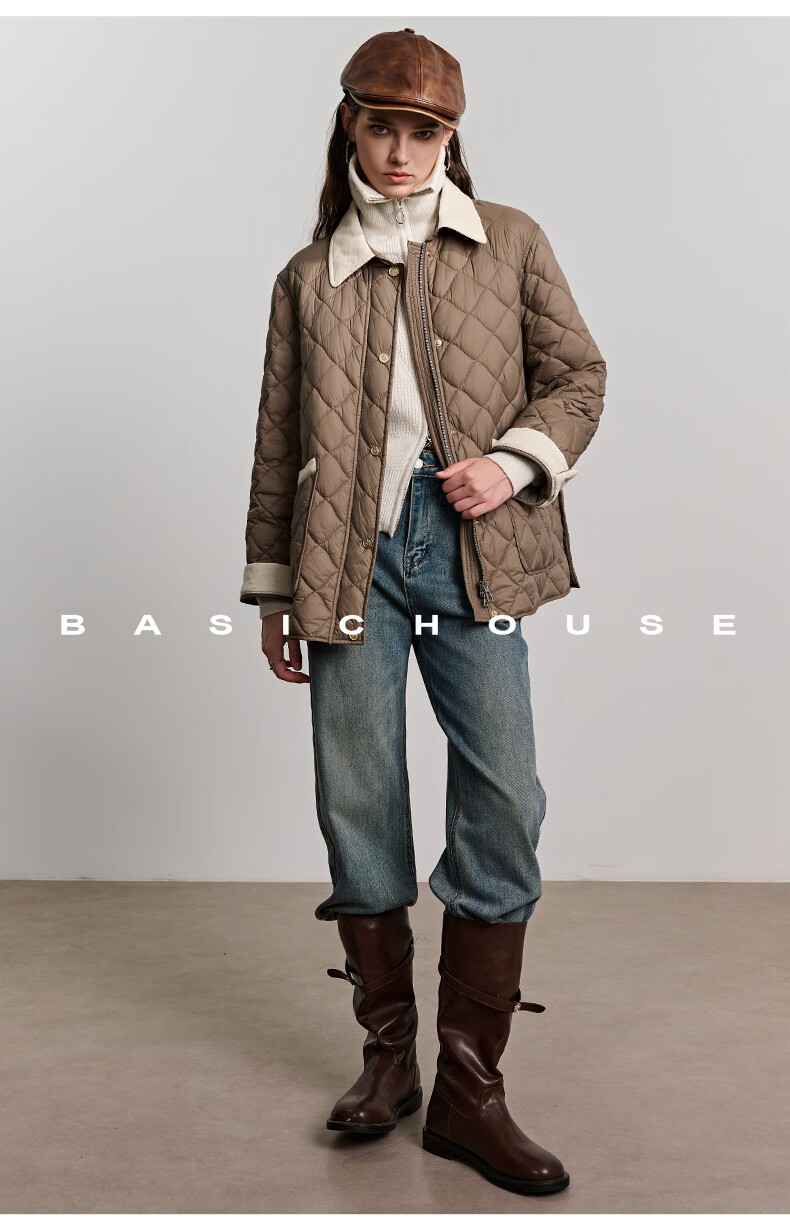 BASIC HOUSE/百家好舒芙蕾撞色冬季2024翻领外套轻法风菱格棉服女2024冬季撞色翻领外套 米白色 M详情图片45