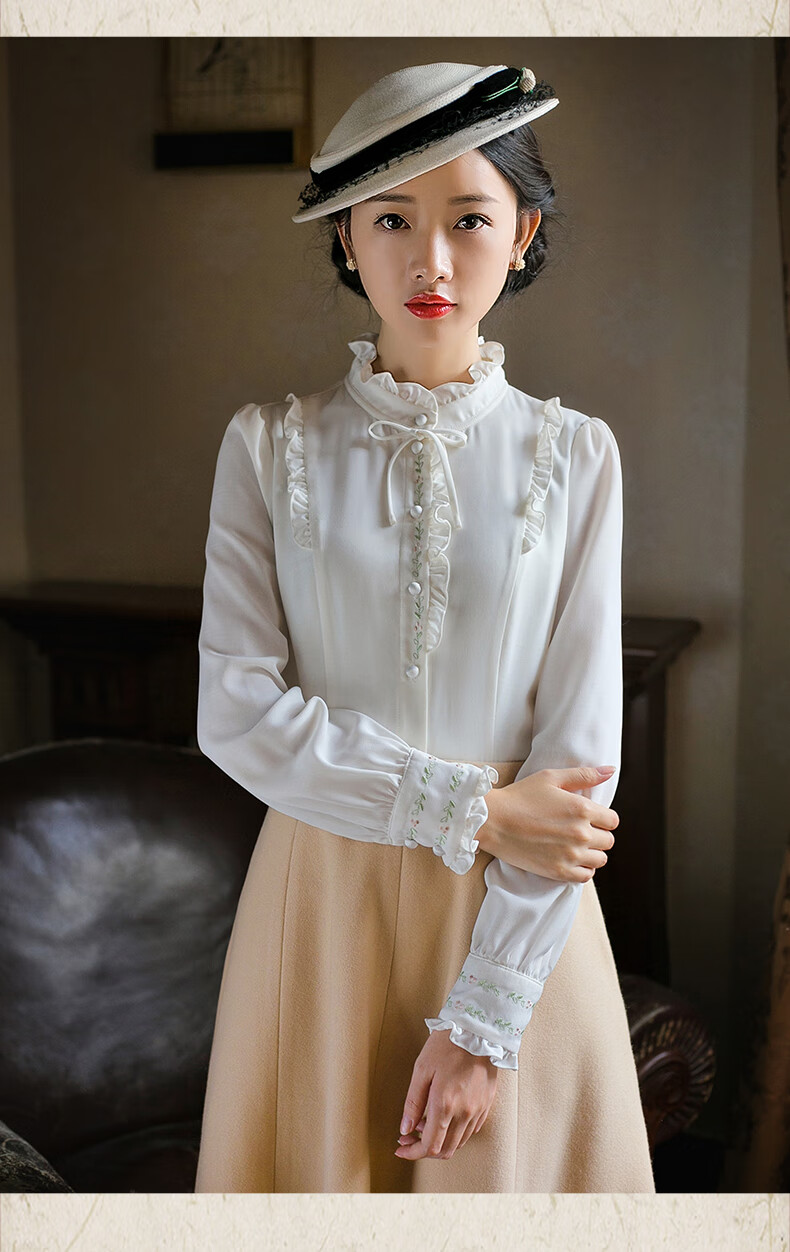 筱姿 十年复古女装立领长袖白衬衫绣花修身显瘦上衣 白色 xl预售30天