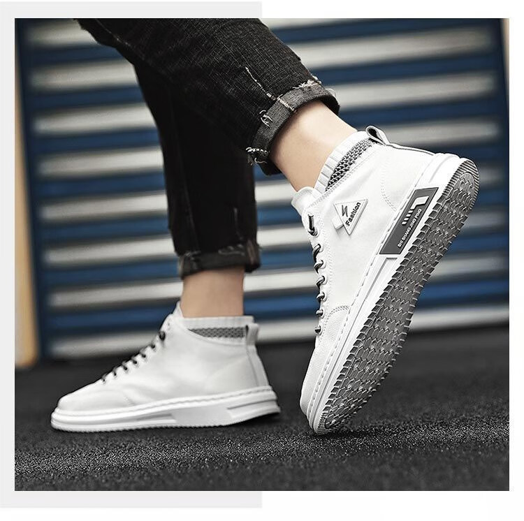 plover男鞋透气平底高帮帆布鞋男士韩版百搭休闲小白鞋 白金(皮面款)