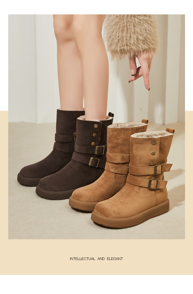 DAPHNE Women's Fleece-Lined Snow Boots New Winter Warmth Cold-Resistant Student Thick-Soled Mid-Calf Height-Increasing Cotton Boots Coffee Color Size 37 10