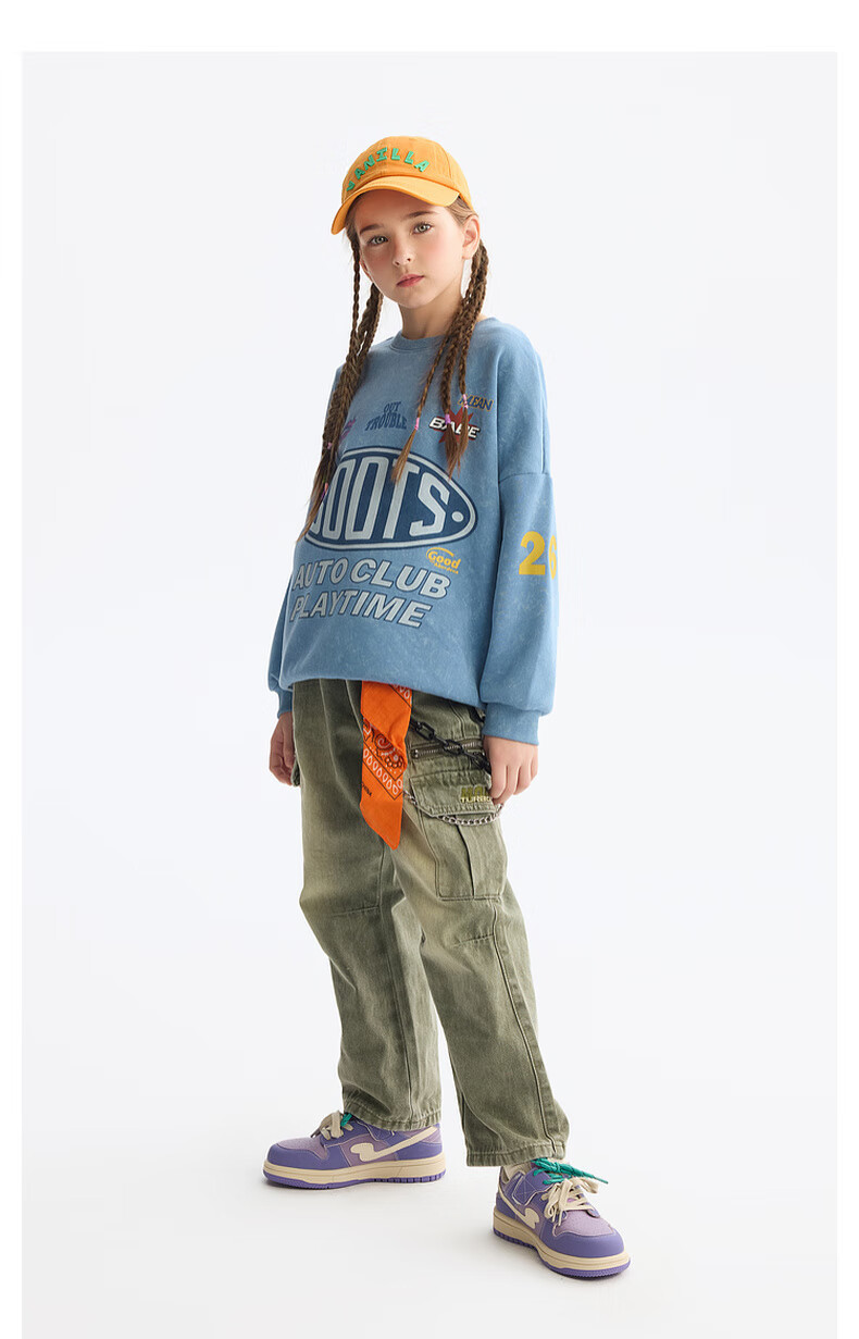 MQD Boys' Autumn New Style Children's Round Neck Street Fashion Loose Drop-Shoulder Sweatshirt for Older Kids, Light Denim Blue, Size 130 12