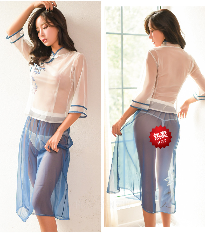 旗袍女民国制服诱惑挑逗性感激情透明汉服大码校园开叉露胸胖mm肚兜