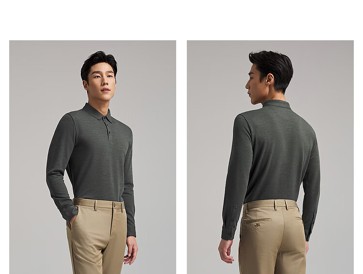YOUNGOR [Machine Washable Wool] Heat-Retaining Men's Autumn Winter Long-Sleeve Wool Lapel Polo Shirt, Navy Blue, L 12