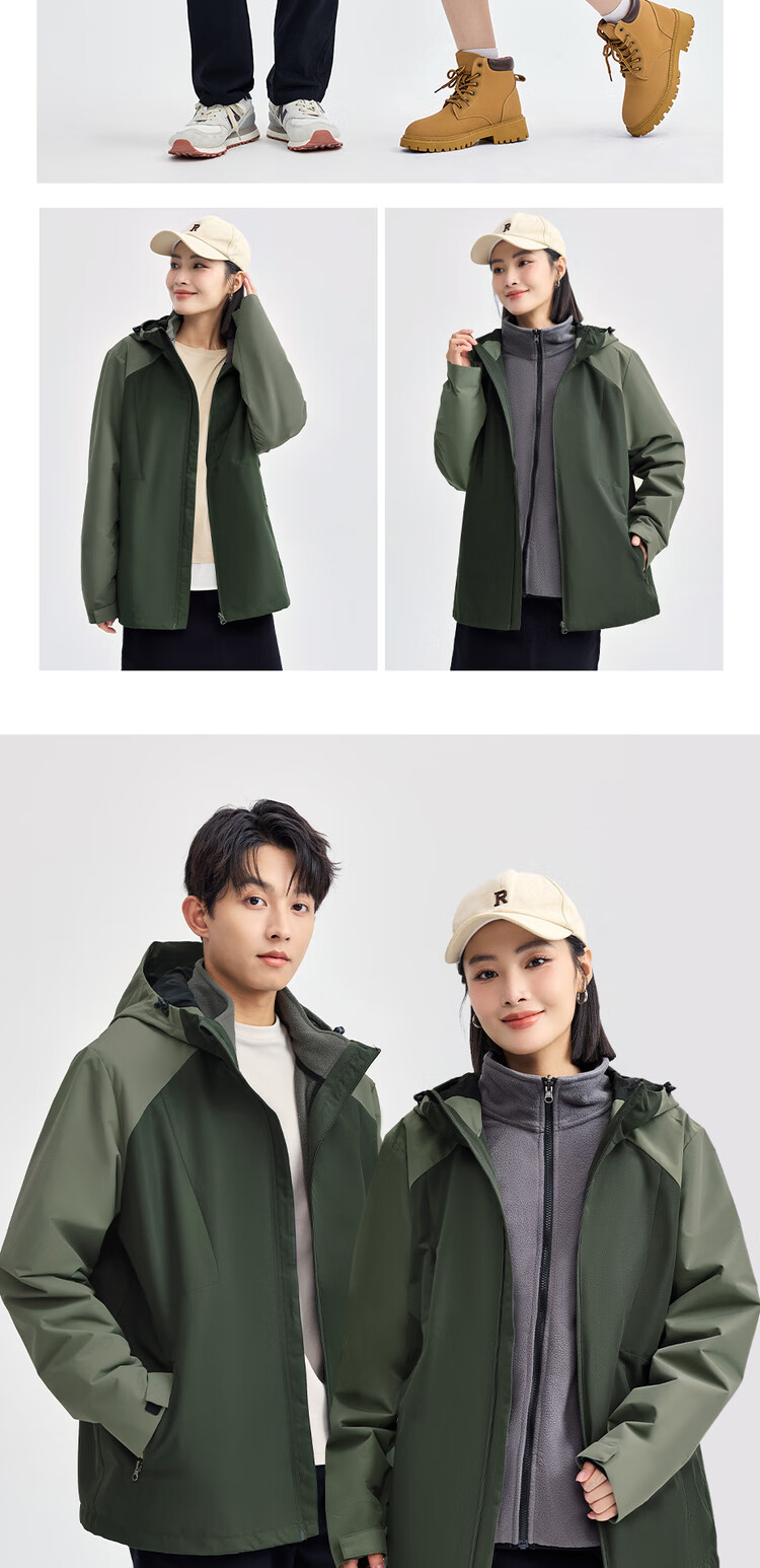 Giordano [Two-Piece Set] Three-In Jacket for Men, Outdoor Hooded Windproof Jacket with Fleece Inner Lining, 01074701 15