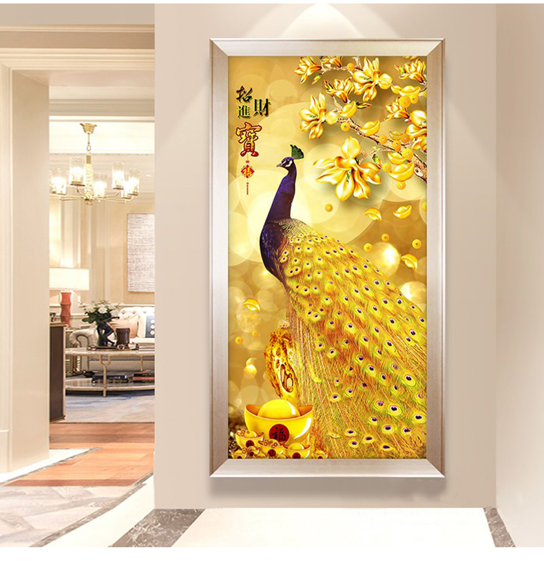 赏心悦画5d钻石画满钻孔雀现代欧式客厅钻石绣2019新款玄关竖版贴钻