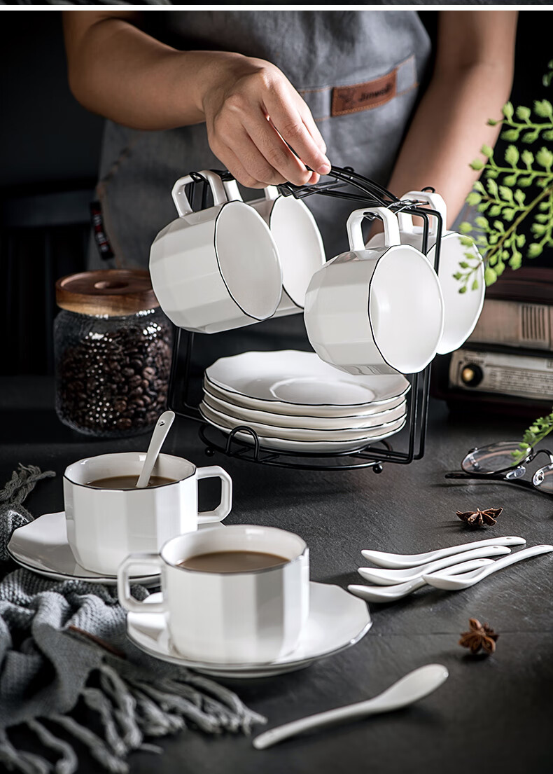 Youlaifu European Style Gold Rim Ceramic Coffee Cup Set 6 Cups 6 Saucers 6 Spoons Red Tea Mug Gift Box 10