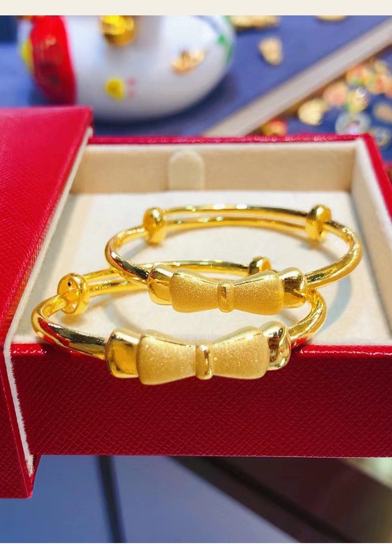 999足金宝宝款蝴蝶结黄金手镯一对小女孩儿童金镯子女宝宝小婴儿出生