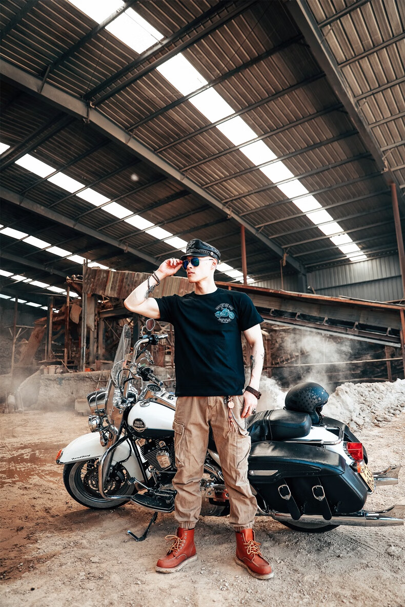 哈雷复古摩托车短袖t恤美式硬汉重机车车迷骑行t恤短袖男体恤衫工装t