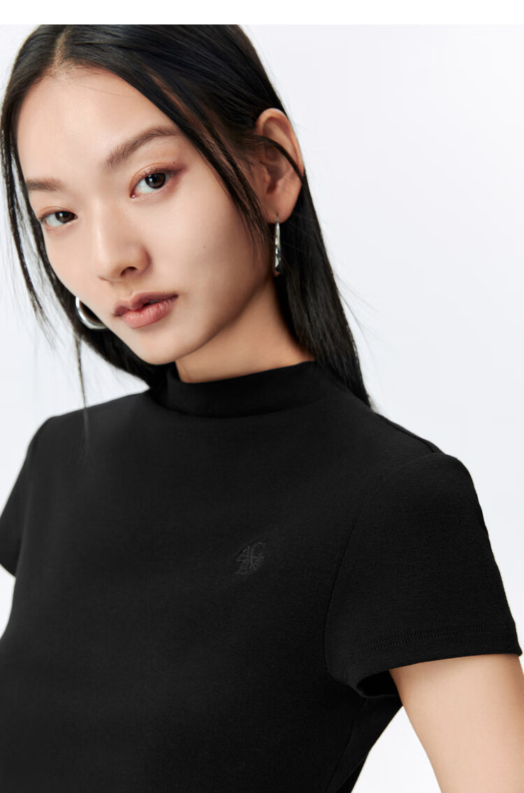 Taipingniao Women's T-Shirt, Semi-Turtleneck, Slim Fit, Short Sleeves, Waist-Cinching, French Style, Elegant Short Top, Off-White 2, L 13