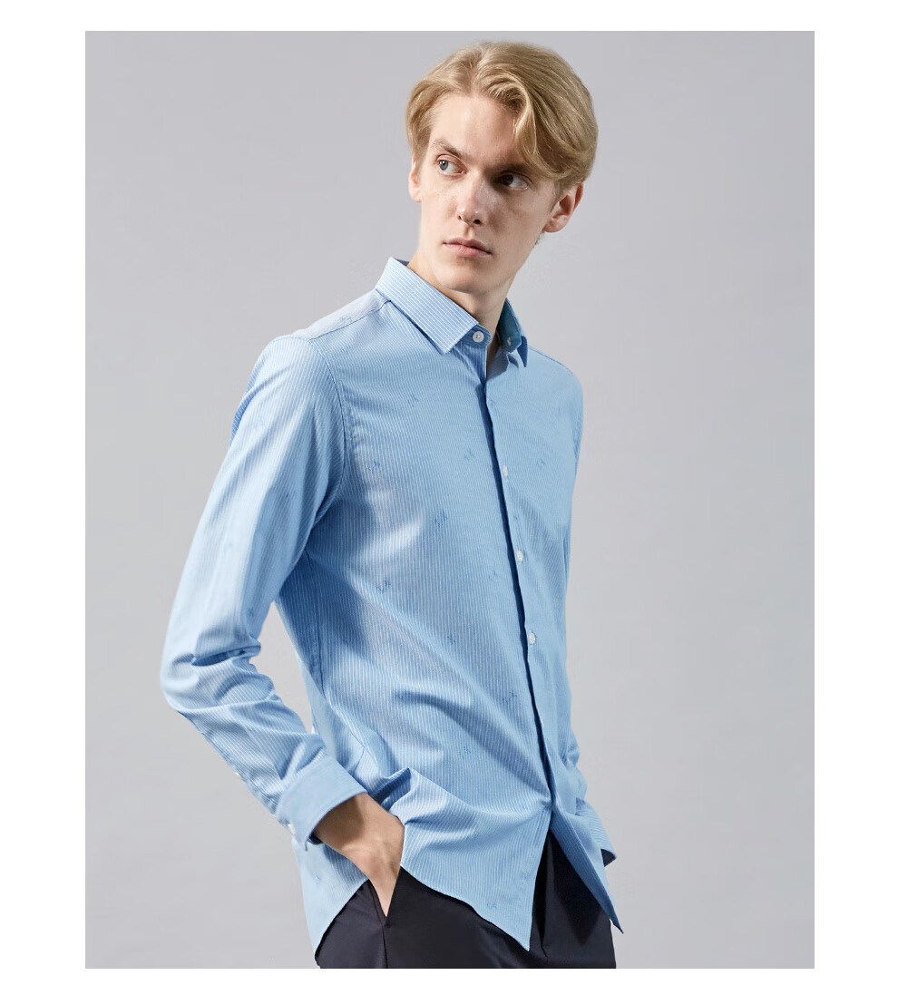 vasto华斯度2019春夏男士冰池蓝时尚衬衫91e042236蓝条38