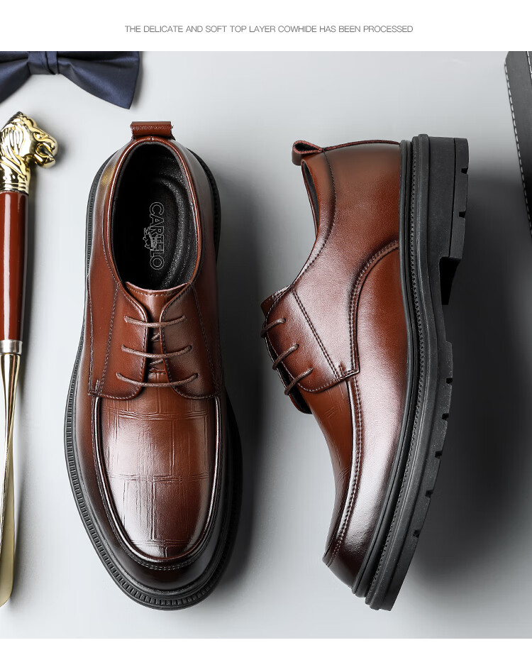 CARTELO Men's Leather Shoes, Cowhide Business Casual Leather Shoes, British Style Thick-Soled Men's Wedding Shoes, Work Shoes, 9788 Black, Size 38 17