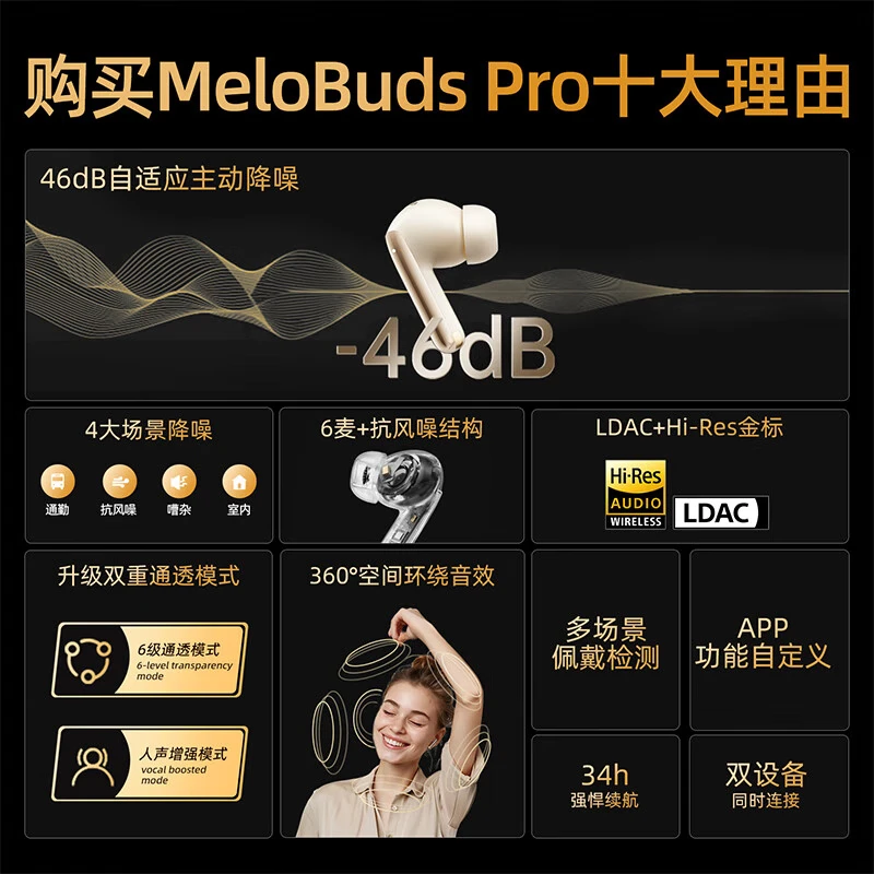 QCY MeloBuds Pro All-in-one True Wireless Bluetooth Headphones feature active noise cancellation, in-ear gaming, low-latency call noise cancellation, sports noise cancellation, and gold noise cancellation thumbnail 2