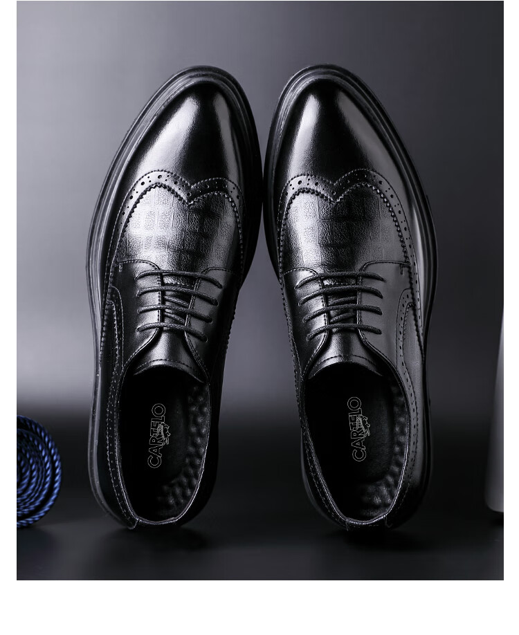 CARTELO Brogue Men's Shoes, British Low-Top Lace-Up Leather Shoes, Soft Cowhide Breathable Business Shoes 9342, Black, Size 38 10